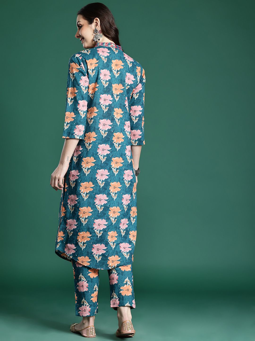 Floral Printed Pleated Pure Cotton Kurta with Trousers