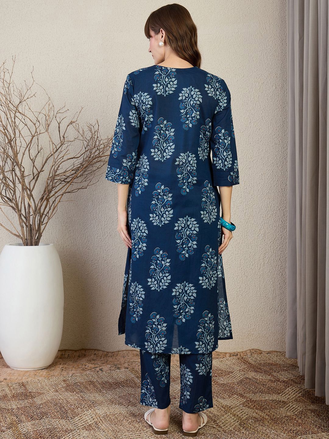 Dhiyona IE Printed Cotton V-Neck Tunic With Trousers Co-Ords