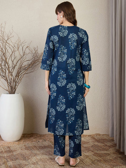 Dhiyona IE Printed Cotton V-Neck Tunic With Trousers Co-Ords