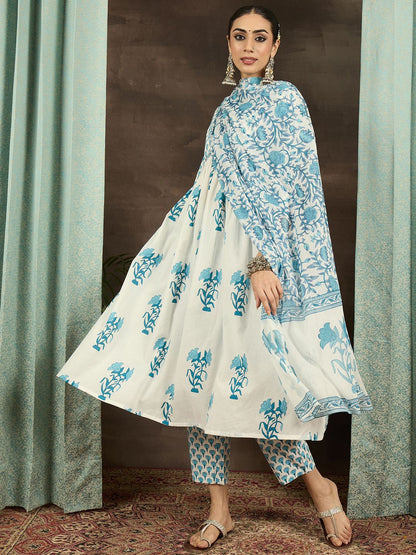 Dhiyona IE Floral Printed Empire Pure Cotton Kurta With Trousers & Dupatta