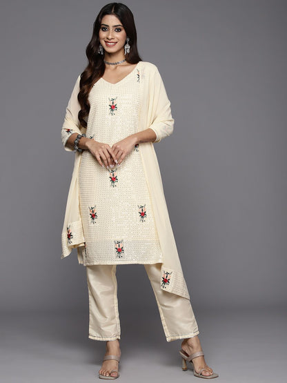 Dhiyona IE Women Floral Embroidered Regular Sequinned Kurta with Sharara & With Dupatta