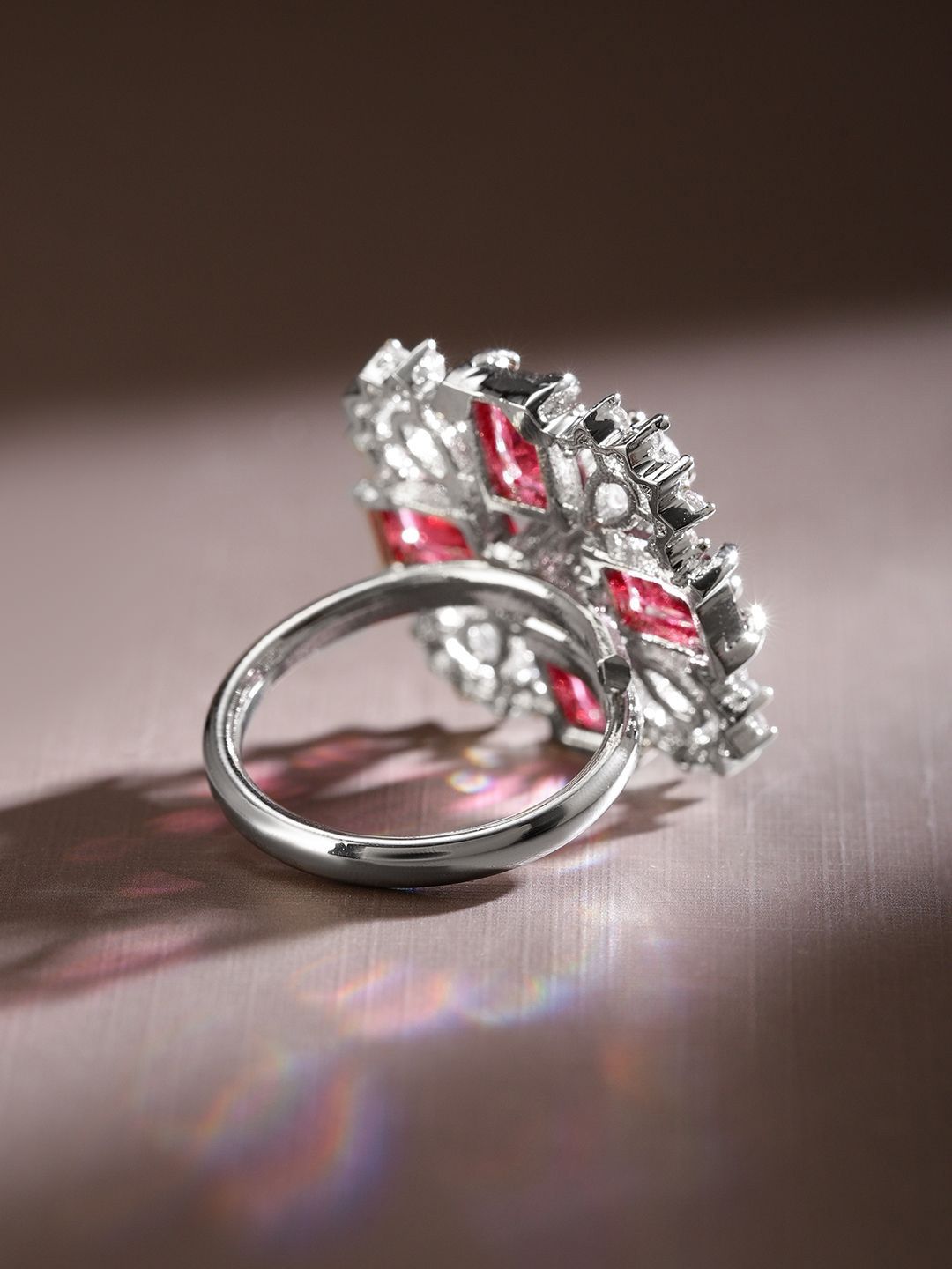 Dhiyona RJ Women's Rhodium-Plated Ruby Pink & White CubicZirconia Studded Floral Cross Adjustable Ring