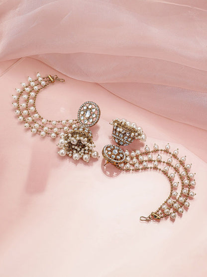 Dhiyona RJ Women's 18K Gold-Plated Kundan & Zirconia Kan Chain Jhumka Earrings with White Pearl Beads
