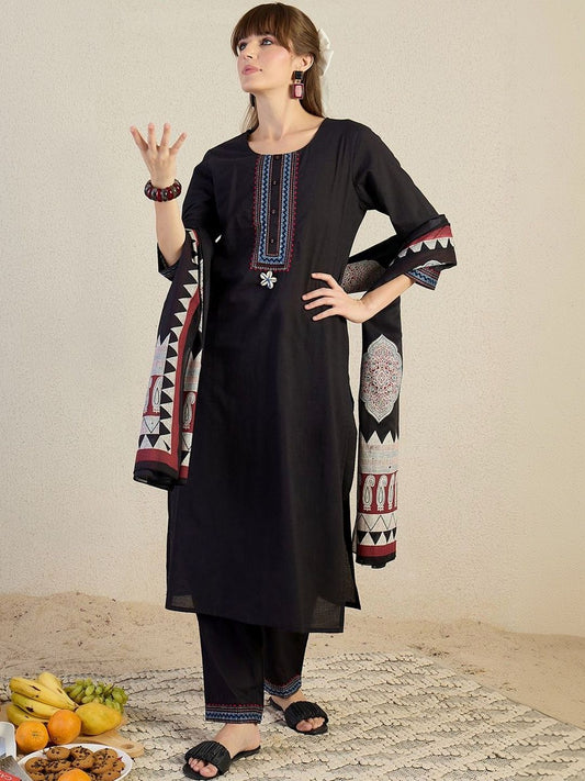 Women Ethnic Motifs Embroidered Regular Thread Work Pure Cotton Kurta with Trousers & With Dupatta