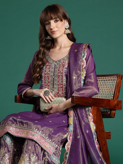 Ethnic Motifs Embroidered Sequinned Kurta with Palazzos & Dupatta