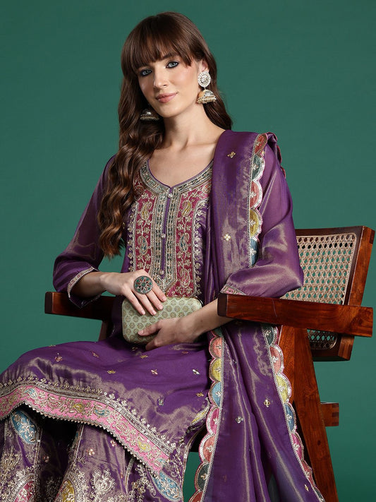 Ethnic Motifs Embroidered Sequinned Kurta with Palazzos & Dupatta