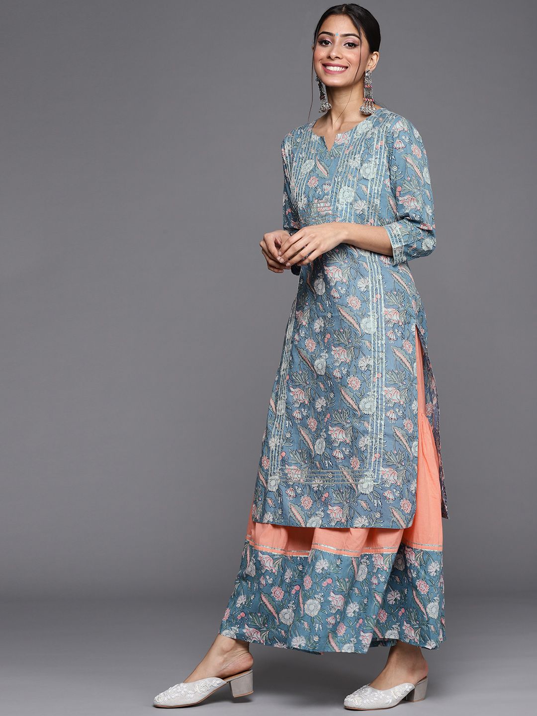 Dhiyona VA Women's Blue Ethnic Motifs Printed Straight Kurta with Sharara & With Dupatta