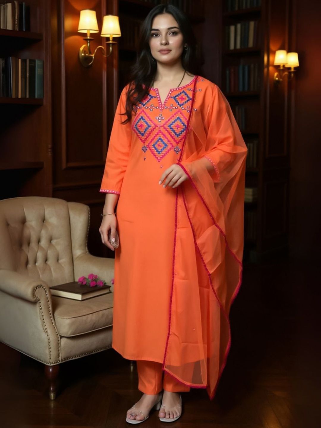 Women Geometric Embroidered V-Neck Mirror Work Kurta with Trousers & Dupatta