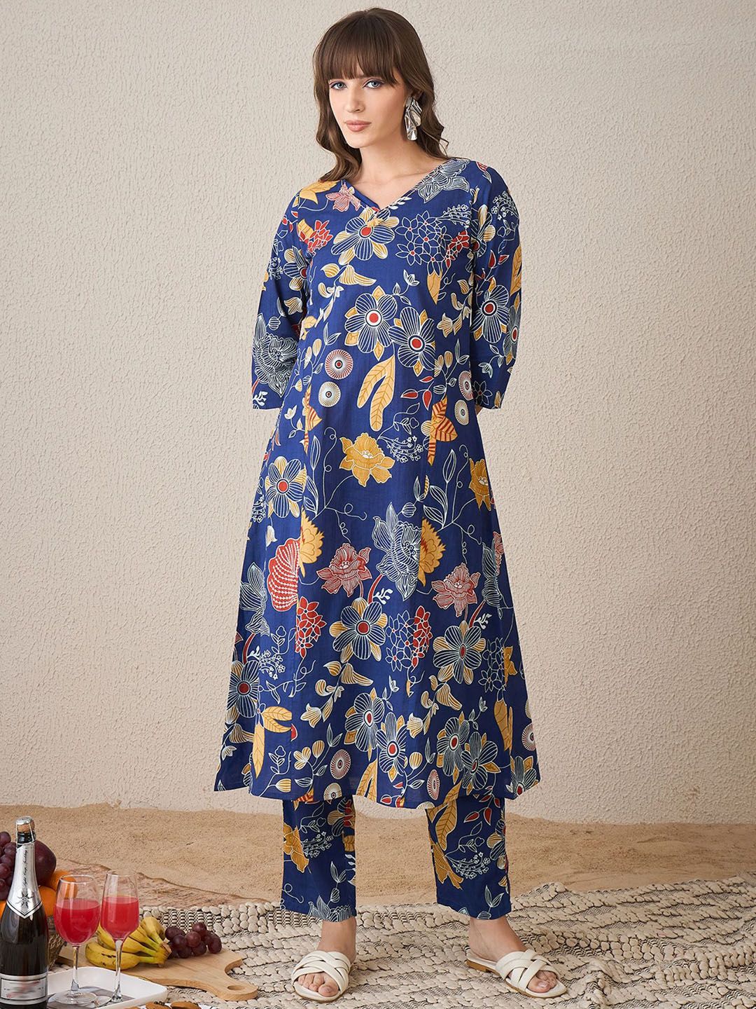 Dhiyona IE Printed V-Neck Pure Cotton A-Line Tunic With Trouser