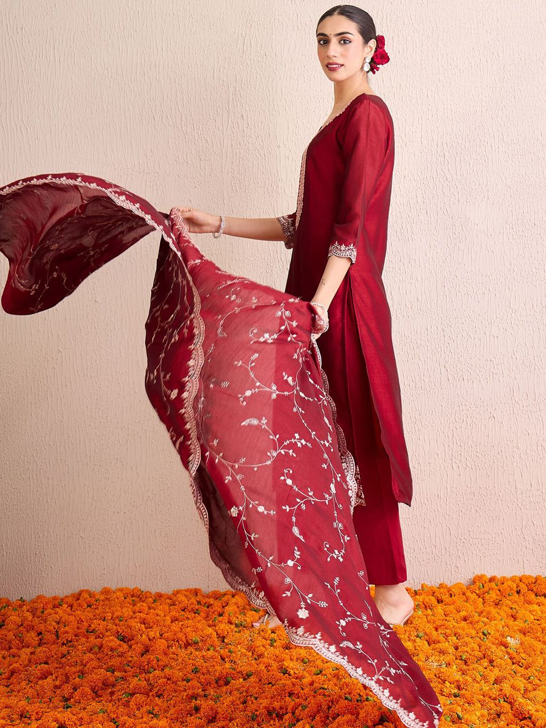 Women Ethnic Motifs Yoke Design Regular Sequinned Kurta with Trousers & With Dupatta