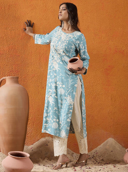 Dhiyona IE Floral Embroidered Thread Work Round Neck Straight Kurta