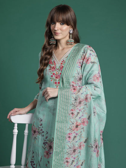 Dhiyona IE Floral Embroidered Thread Work Linen Kurta with Trousers & With Dupatta