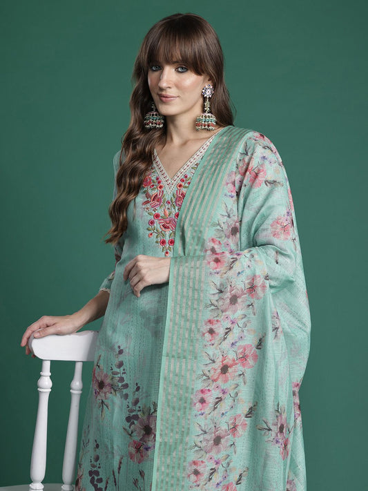 Dhiyona IE Floral Embroidered Thread Work Linen Kurta with Trousers & With Dupatta