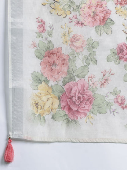 Floral Embroidered Regular Linen Kurta with Trousers & Dupatta