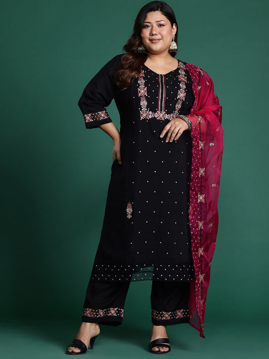 Dhiyona IE Plus Size Floral Embroidered Sequinned Kurta with Trousers & Dupatta