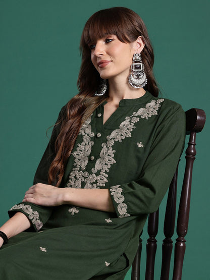 Floral Embroidered Thread Work Pure Cotton Kurta & Trousers