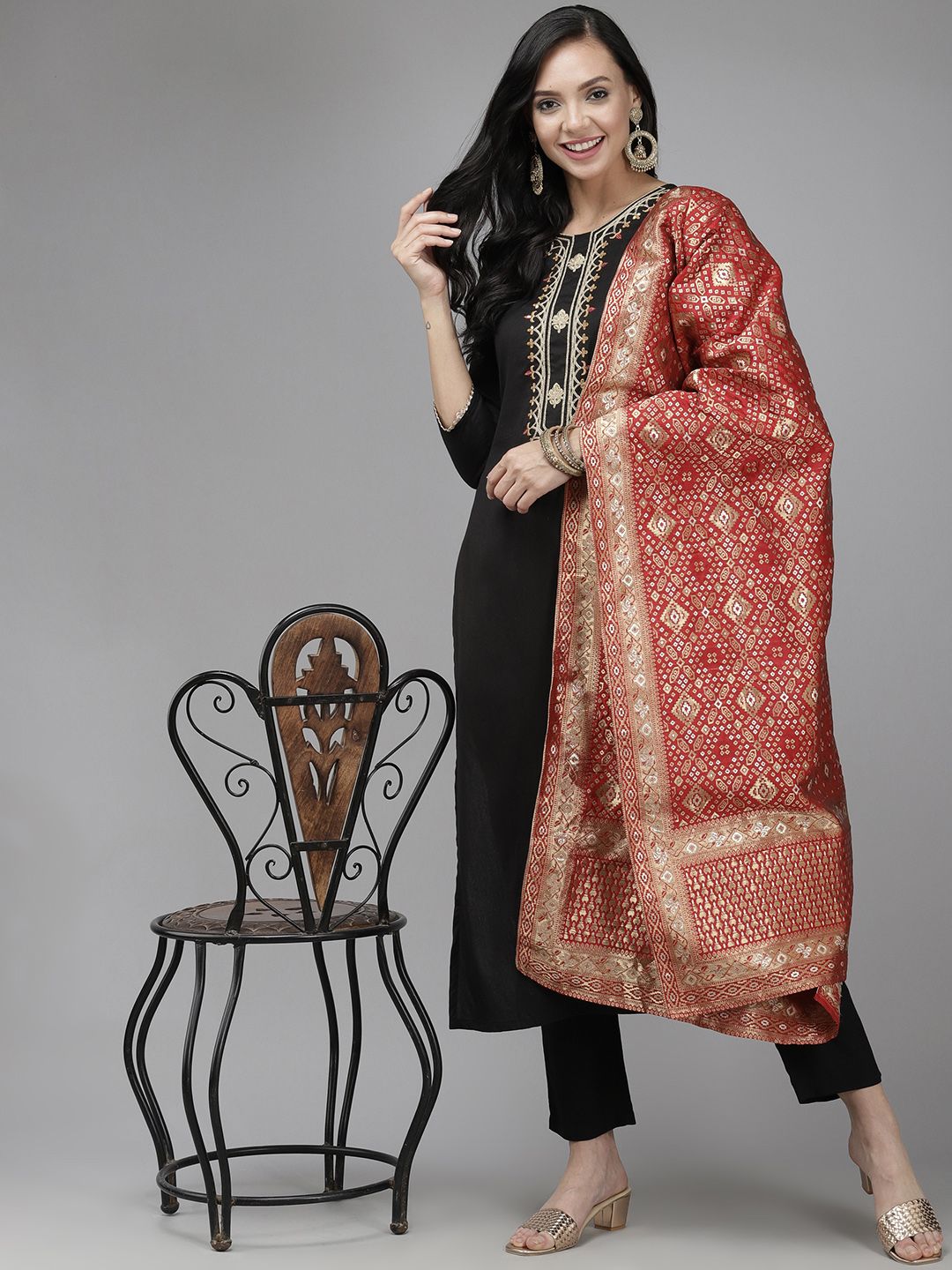 Women Black Yoke Design Regular Sequinned Kurta with Trousers & Dupatta