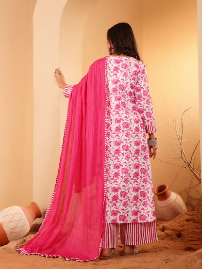 Dhiyona VA Women'sFloral Printed V Neck Pure Cotton A Line Kurta With Palazzos And Dupatta