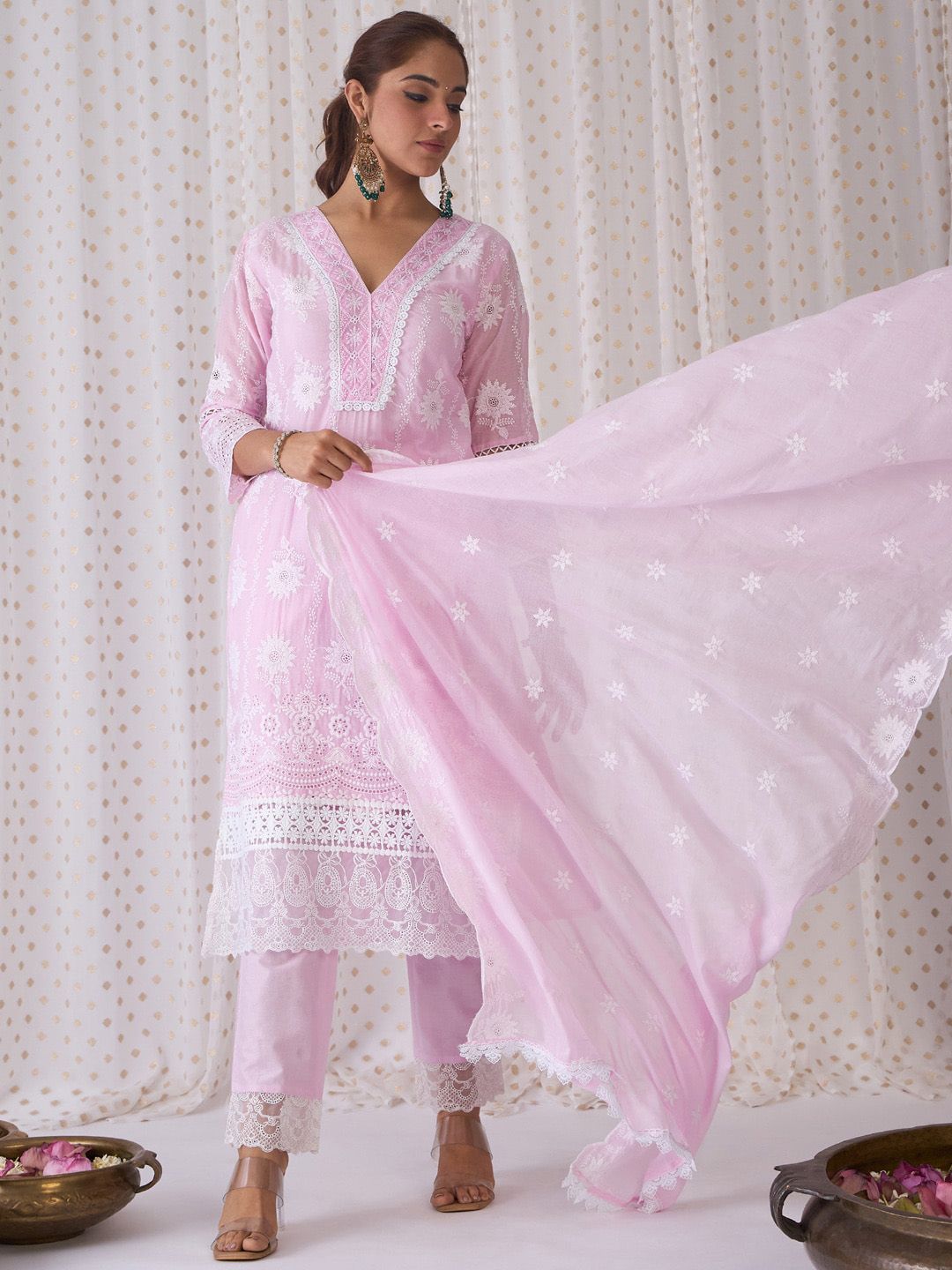Floral Embroidered V-Neck Pure Cotton Kurta with Trousers & Dupatta