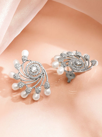 Dhiyona RJ Women's Silver-Plated Pearls & Cubic Zirconia Studded Oversized Premium Floral Stud Earring