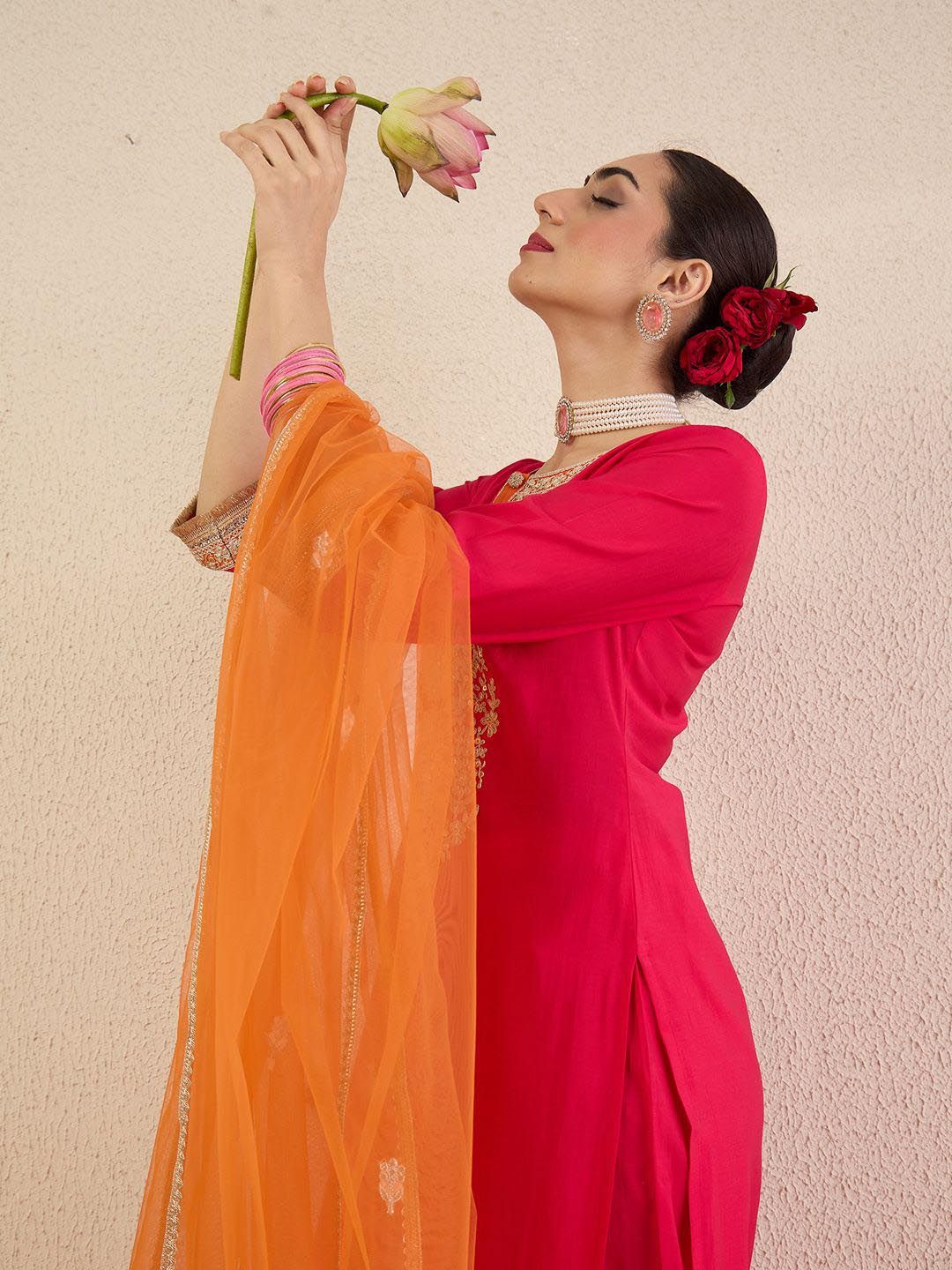 Ethnic Motifs Embroidered Sequinned Straight Kurta With Trousers & Dupatta