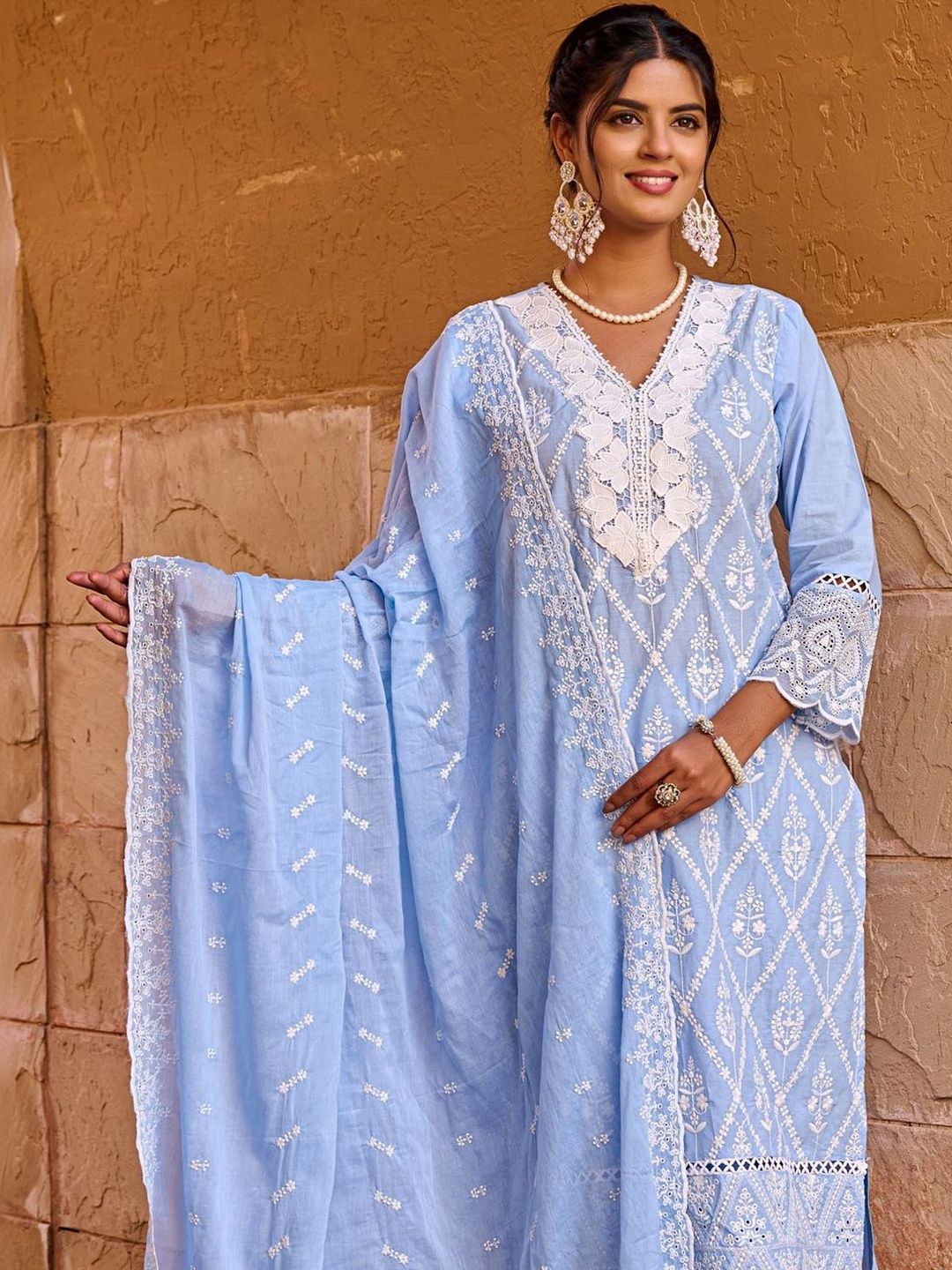 Women Ethnic Motifs Embroidered Regular Chikankari Pure Cotton Kurta with Trousers & With Dupatta