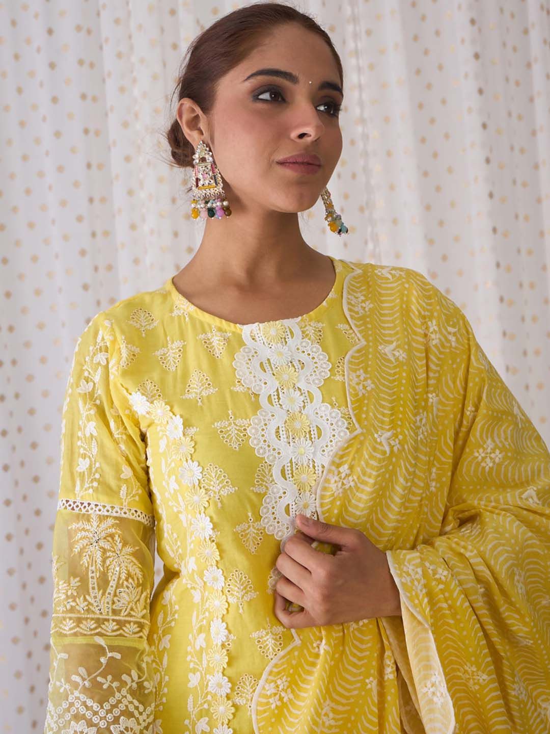 Round Neck Floral Embroidered Pure Cotton Straight Kurta with Trouser & Dupatta