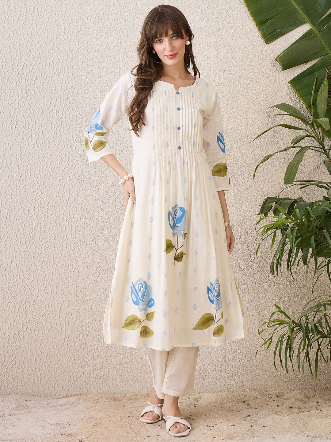Floral Printed Notch Neck Pure Cotton A-Line Kurta With Trousers
