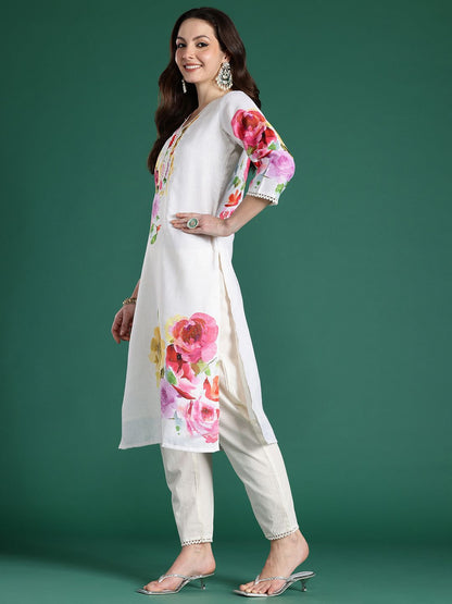 Dhiyona IE Floral Printed Beads and Stones Linen Kurta with Trousers & With Dupatta