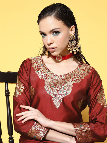 Women Maroon & Gold-Toned Ethnic Motifs Woven Design Kurta with Palazzos