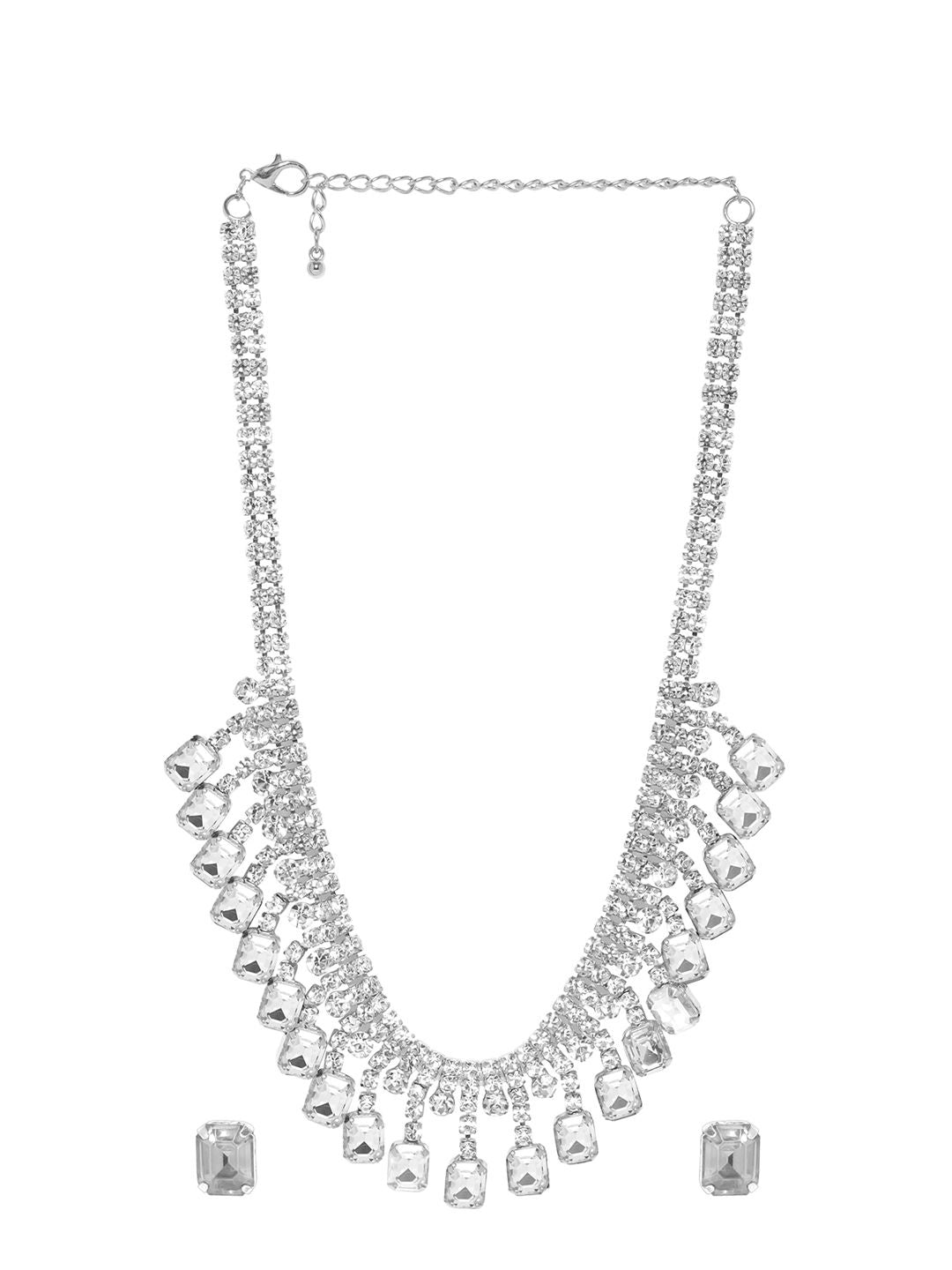 Dhiyona RJ Women's Women Rhodium Plated Crystal White AD & Cubic Zirconia Studded Jewellery Set