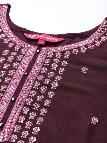 Dhiyona VA Women's Burgundy Floral Embroidered Sequinned Kurta with Trousers & Dupatta