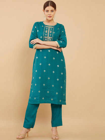 Dhiyona SO Women's Women Teal Floral Thread Work Chanderi Cotton Kurta with Trousers