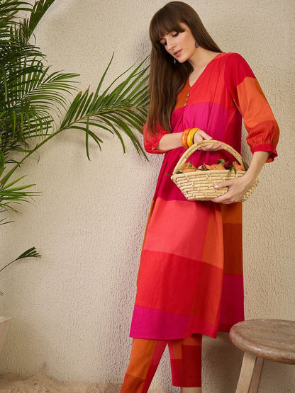 Dhiyona IE Women's Adults-Women Colourblocked A-Line Kurta with Trousers