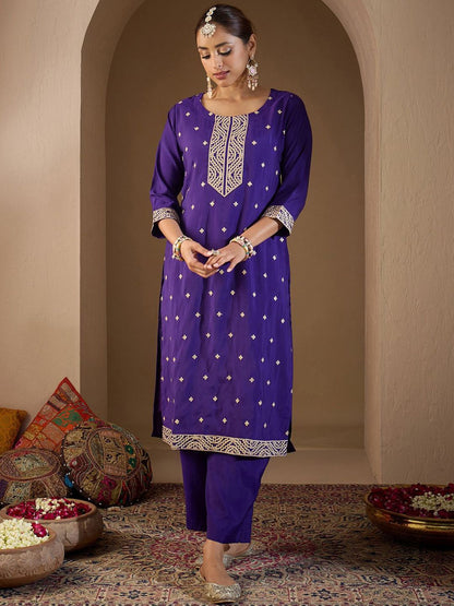 Ethnic Motifs Embroidered Sequinned Kurta with Trousers & With Dupatta