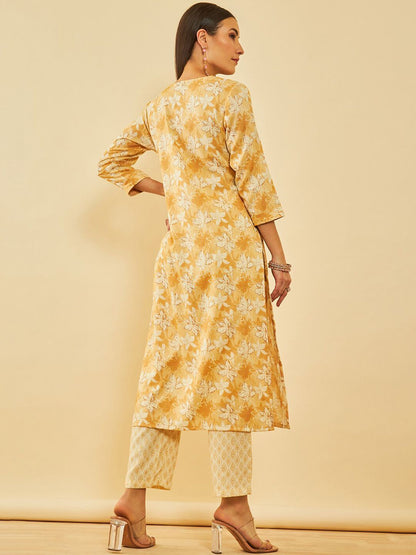 Dhiyona SO Women's Mustared Yellow & Beige Floral Printed Straight Kurta with Trousers