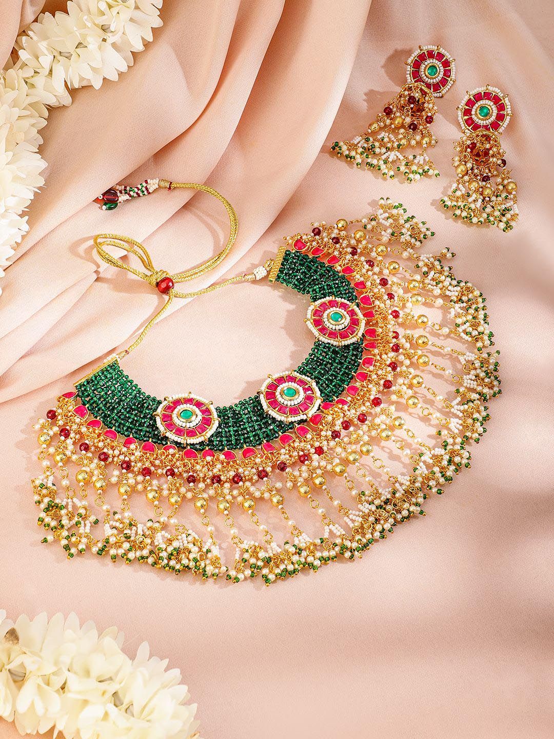 Dhiyona RJ Women's 24K Gold-Plated Kundan & Beaded Handcrafted Ruby, Emerald & Pearl Necklace Set