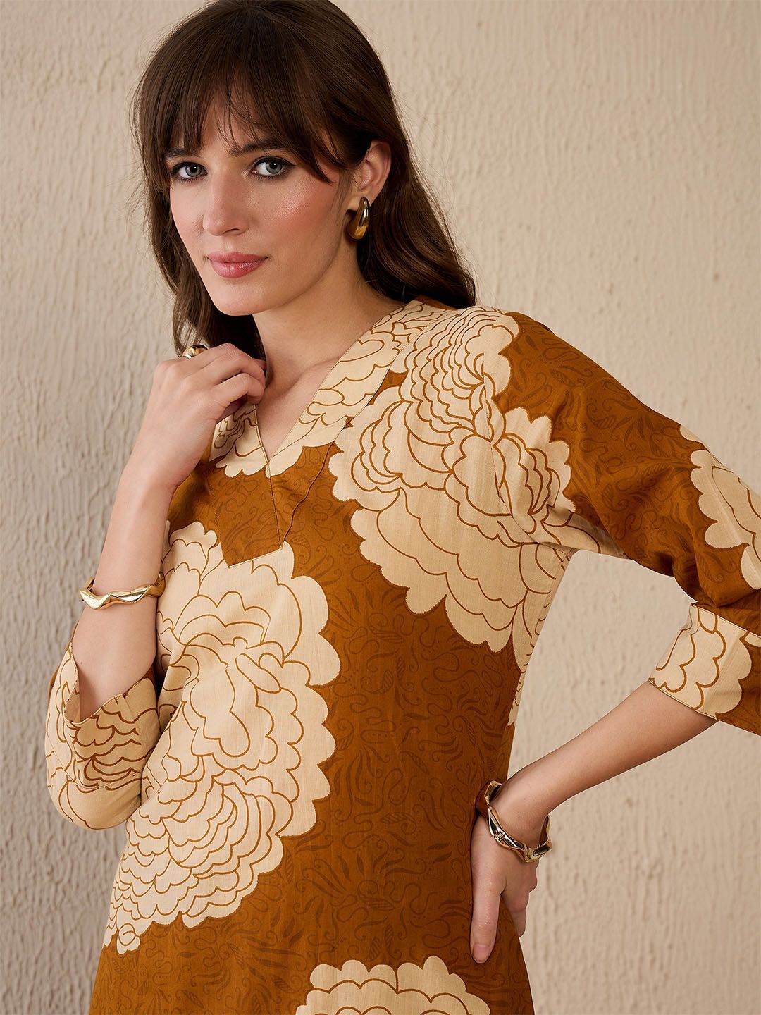 Dhiyona IE Floral Printed V-Neck Pure Cotton Tunic With Palazzo