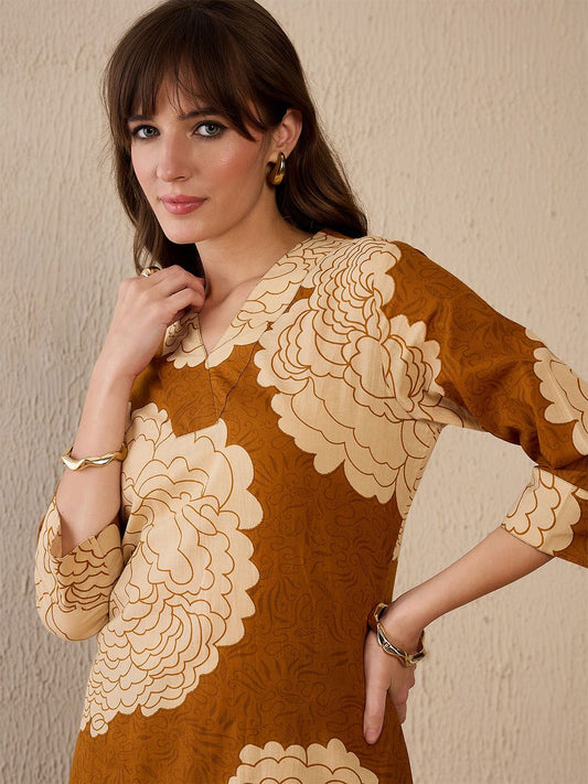 Dhiyona IE Floral Printed V-Neck Pure Cotton Tunic With Palazzo