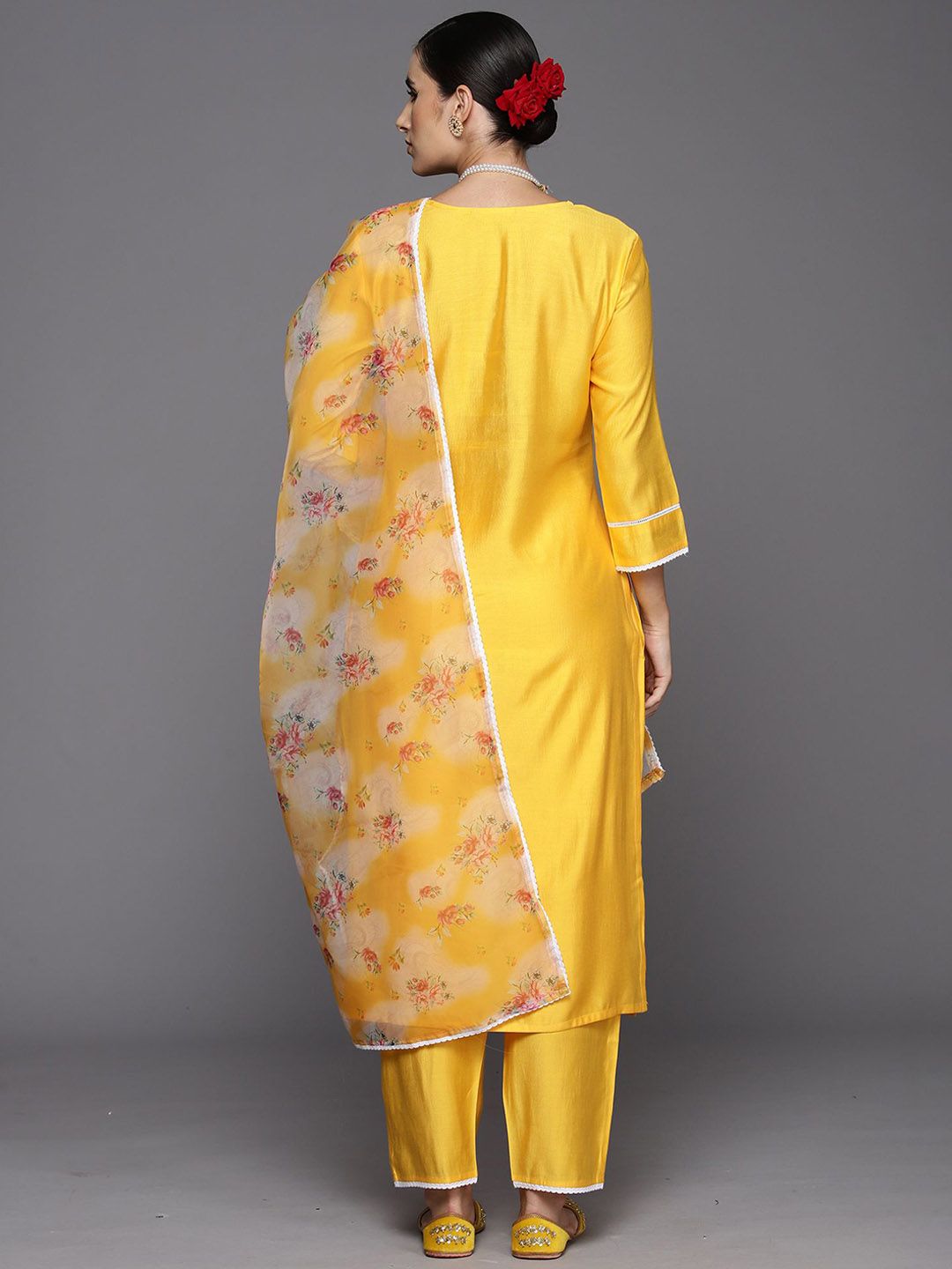 Dhiyona IE Floral Yoke Design Regular Sequinned Liva Kurta with Trousers & Dupatta