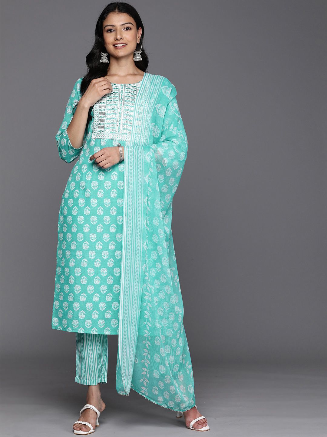 Dhiyona IE Floral Printed Regular Sequinned Pure Cotton Kurta With Trousers & Dupatta