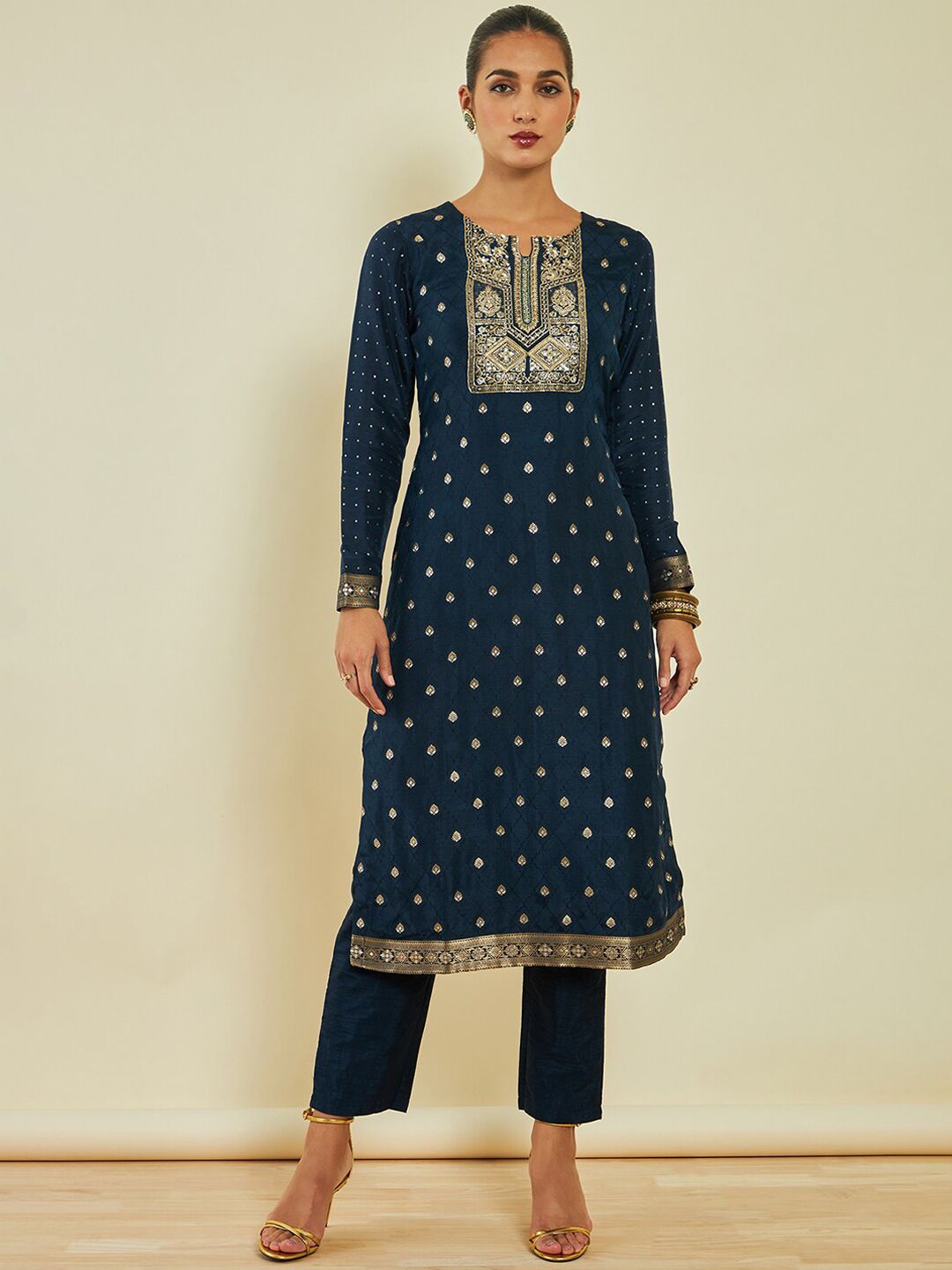 Dhiyona SO Women's Ethnic Motifs Embroidered Silk Kurta with Trousers & With Dupatta