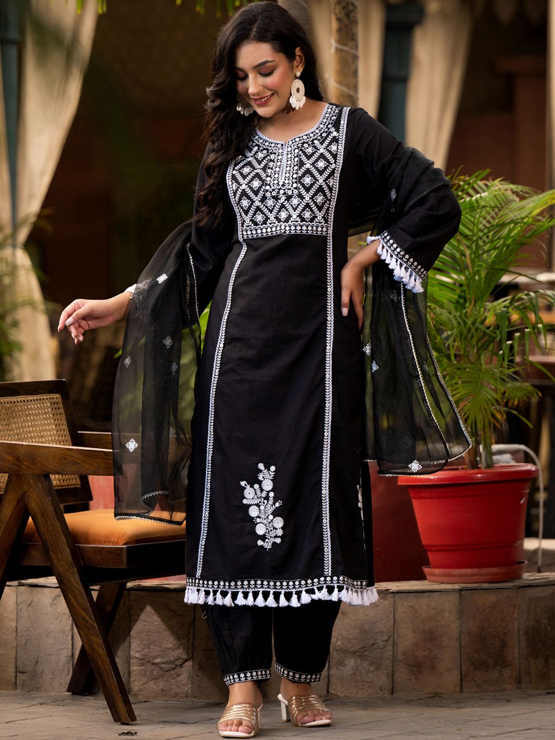 Dhiyona VA Women'sEthnic Motif Thread Embroidered A-Line Kurta With Afghani Trousers & Dupatta