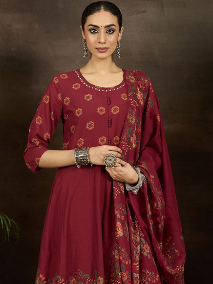 Women Floral Printed Beads and Stones Pure Cotton Kurta with Trousers & Dupatta