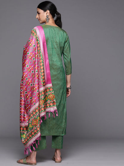 Dhiyona VA Women'sGeometric Woven Design Thread Work Straight Kurta With Trousers & Dupatta