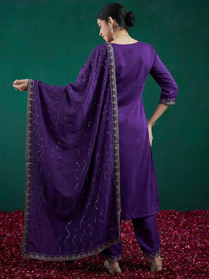Dhiyona IE Ethnic Motifs Embroidered Zari Straight Kurta With Trousers & Dupatta
