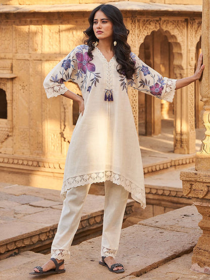 Floral Printed Beads And Stones V-Neck A-Line Pure Cotton Kurta With Trousers