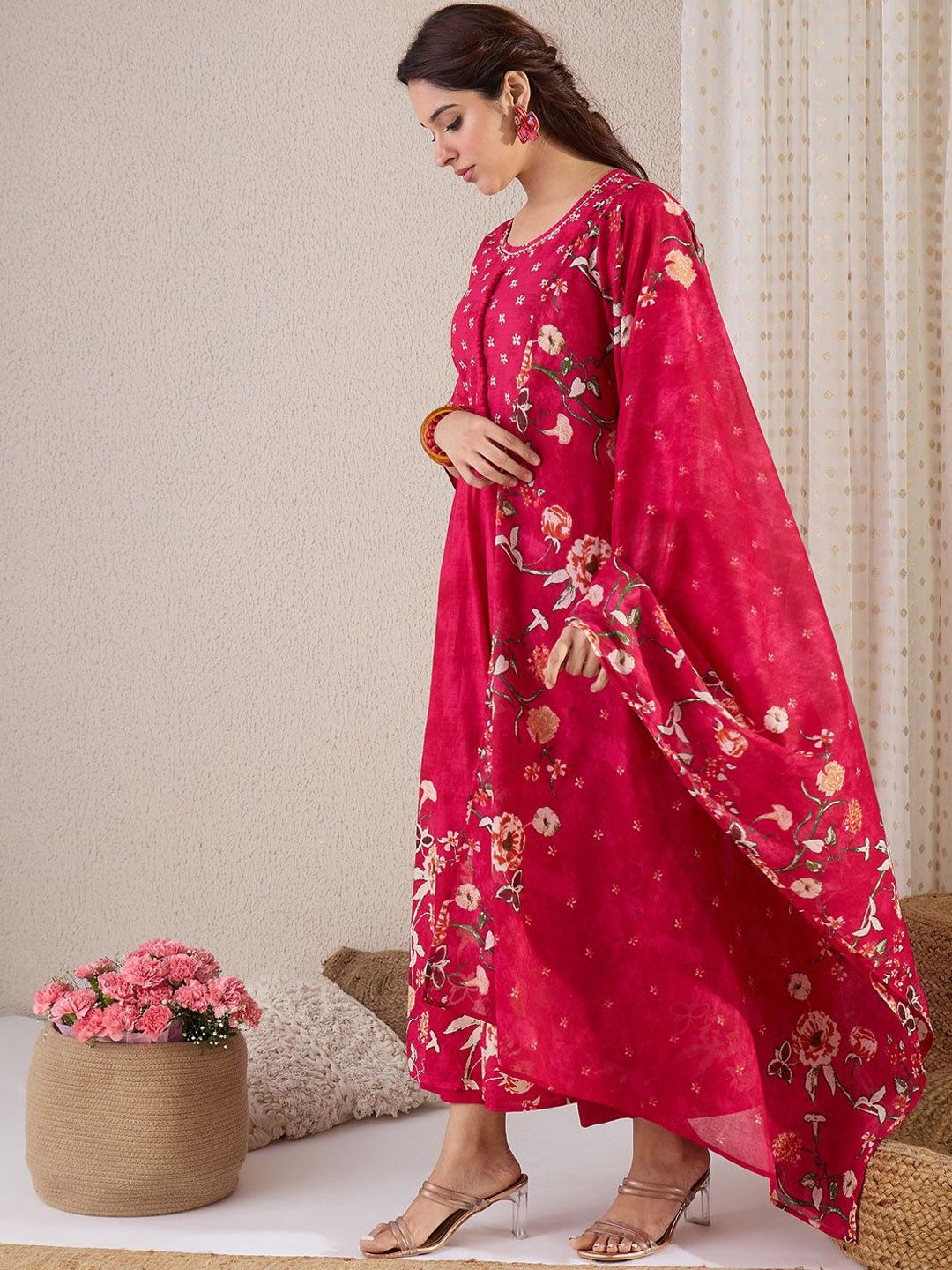 Floral Printed Pure Cotton A-Line Kurta With Trousers & Dupatta