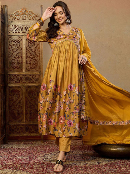 Dhiyona PD Women Floral Printed A-Line Kurta Trouser With Dupatta