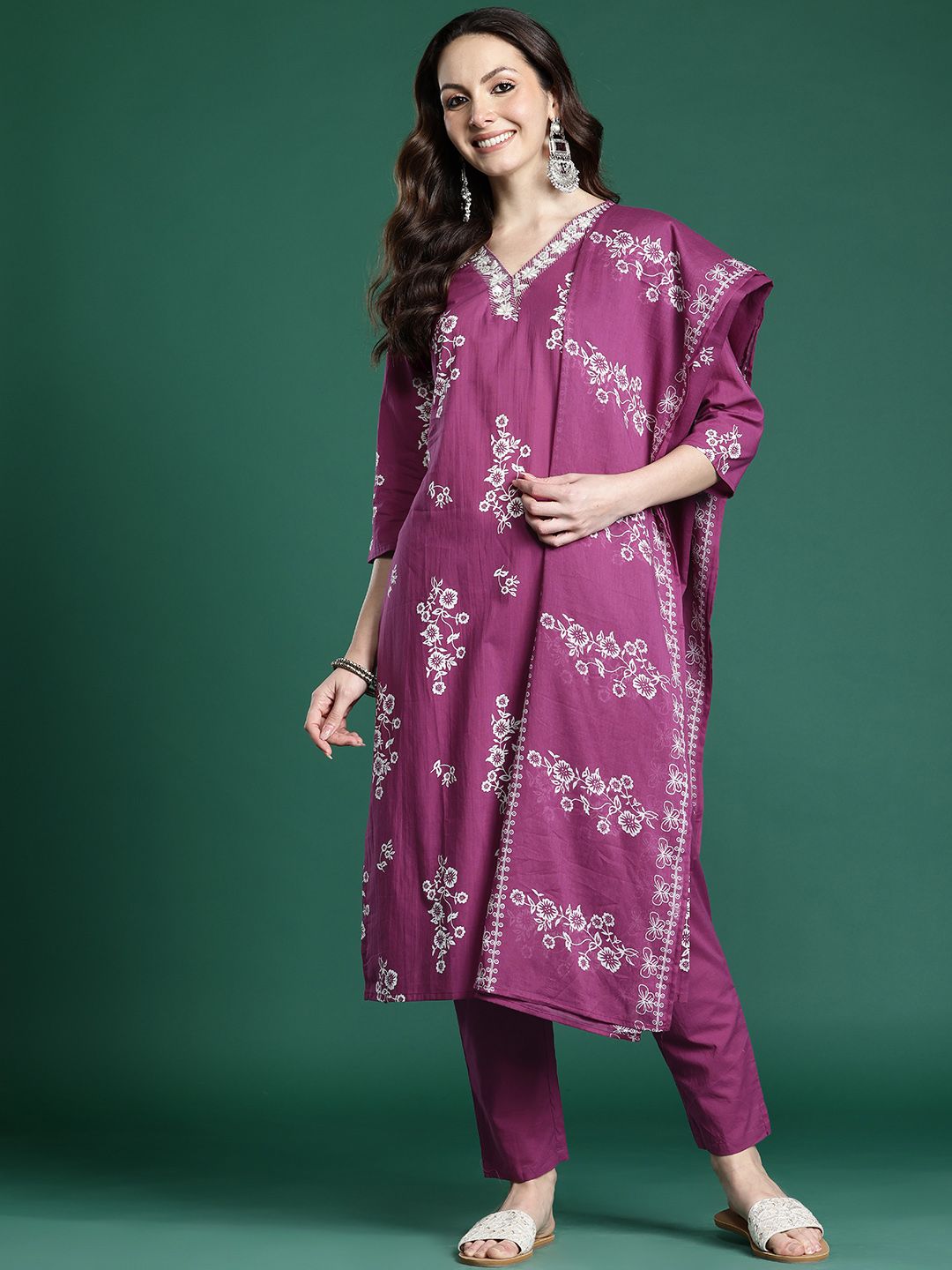 Floral Printed Sequinned Pure Cotton Kurta with Trousers & With Dupatta